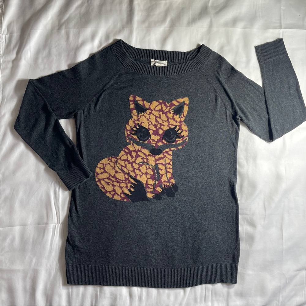 Forever 21 Vintage Boutique Charcoal Gray Sweater-Retro Fox Graphic 100% Cotton